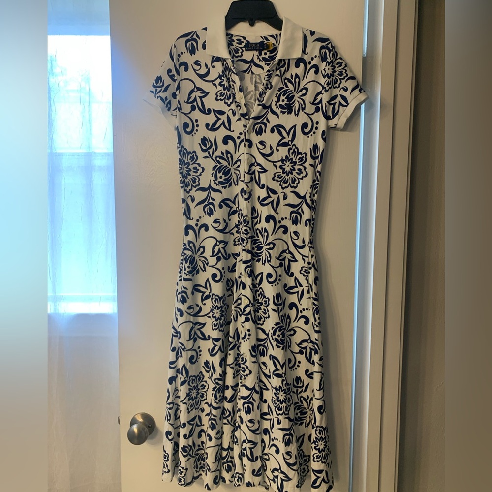 Polo by Ralph Lauren White Midi Dress with Navy Floral Print